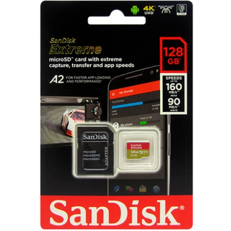 MEMORIA SANDISK EXTREME MICROSD, 128GB, UHS-I U3, CON ADAPTADOR SD.