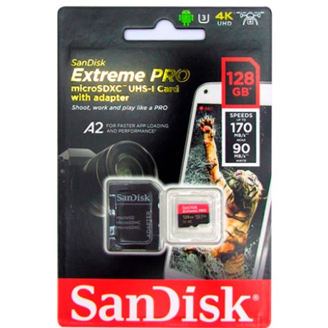 MEMORIA SANDISK EXTREME PRO MICROSD, 128GB, UHS-I U3, CON ADAPTADOR SD.